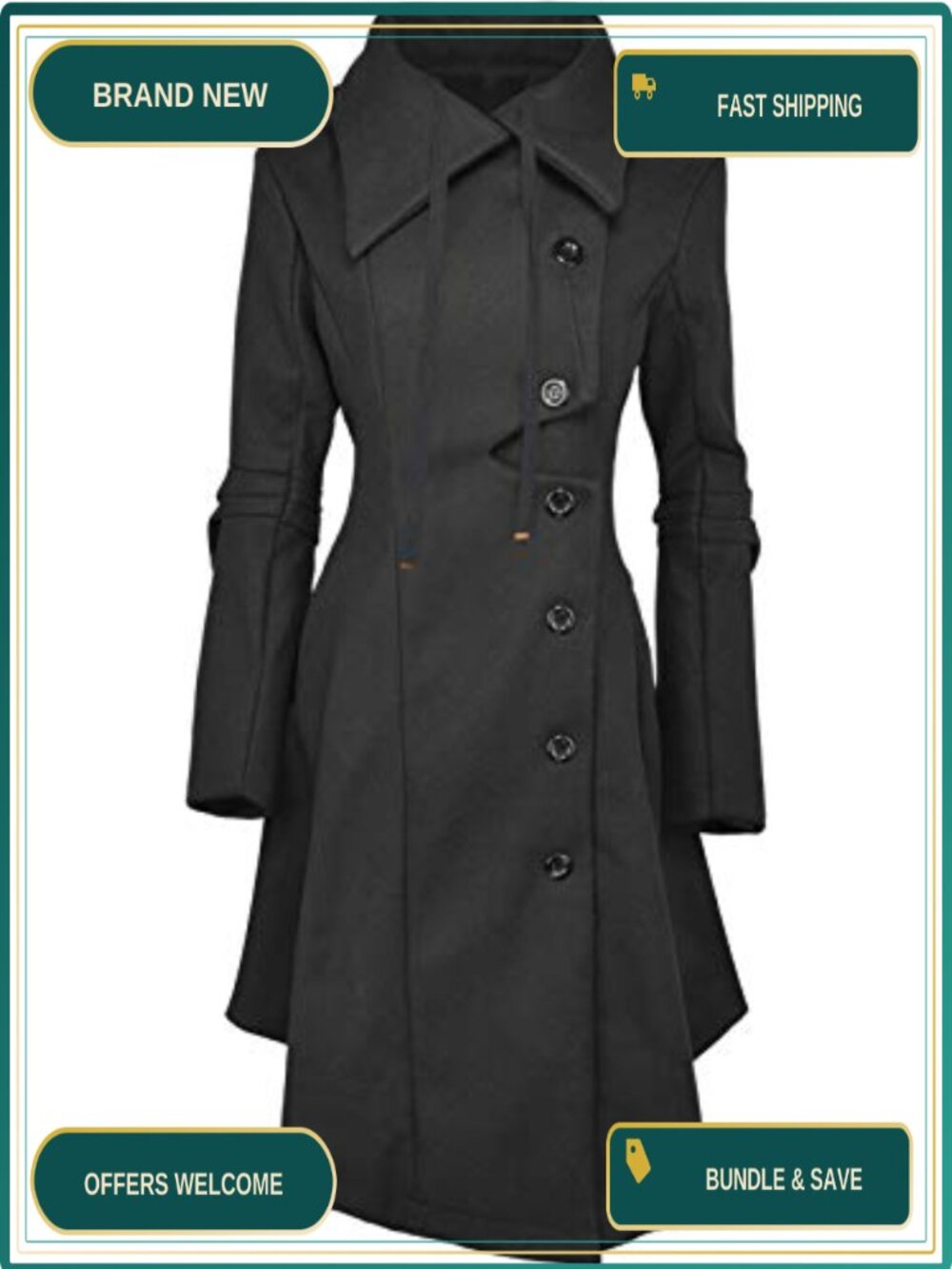 Long Trench Pea Coat 100% Polyester Hooded Winter Coat